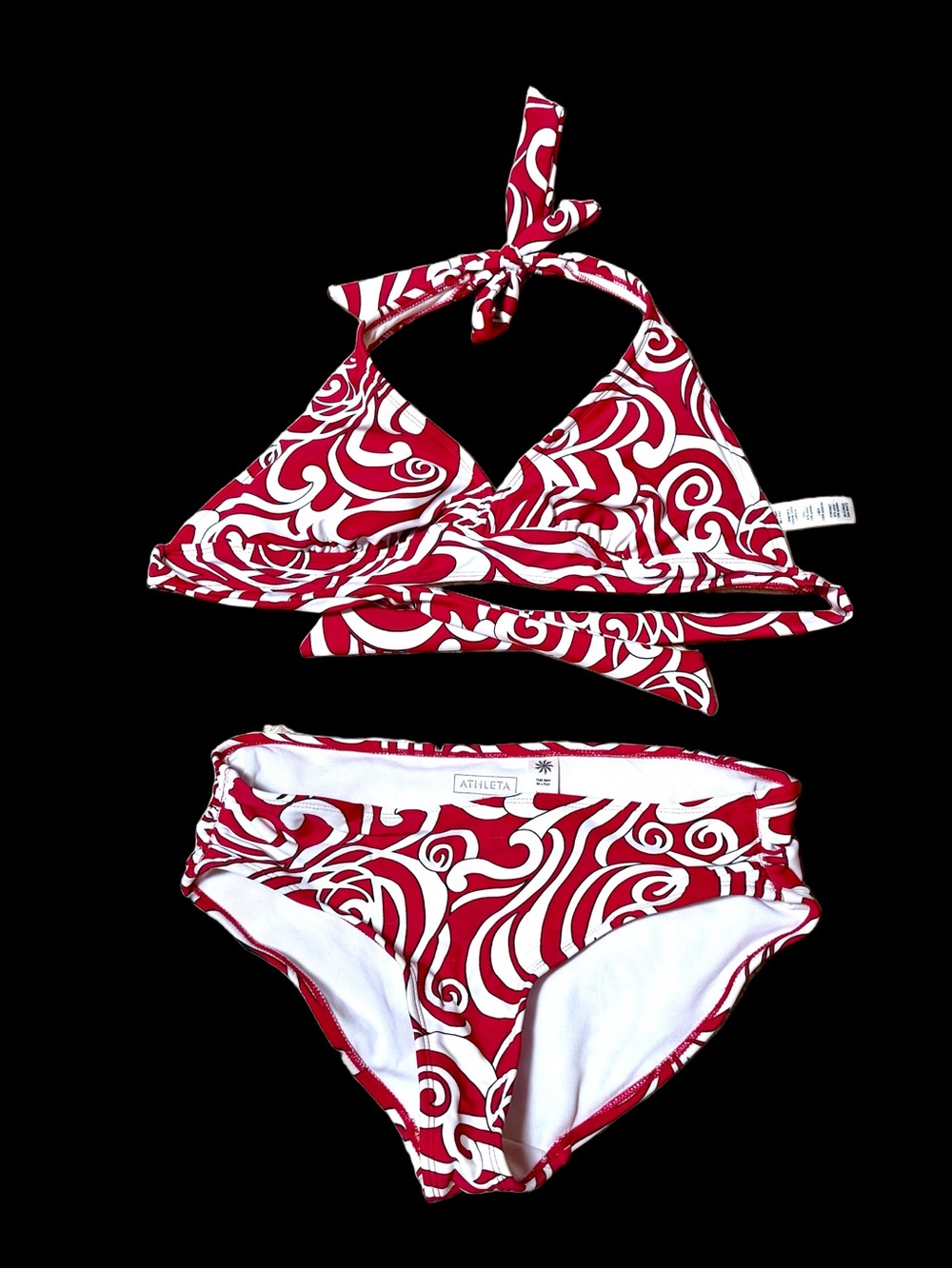 Athleta Red & White Abstract Swirl Halter Bikini Set - M bottom and 34D top